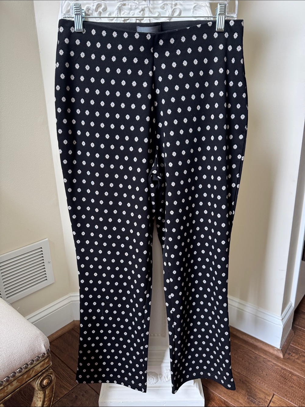 Anthropologie Black Wide-Leg Pants with White Daisy Print